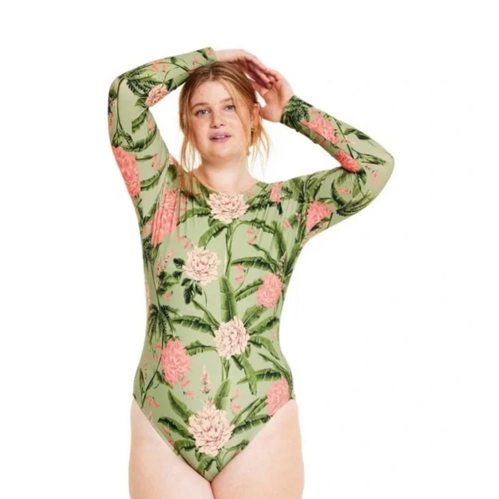Agua Bendita Peony Print Long Sleeve Swimsuit, XXL